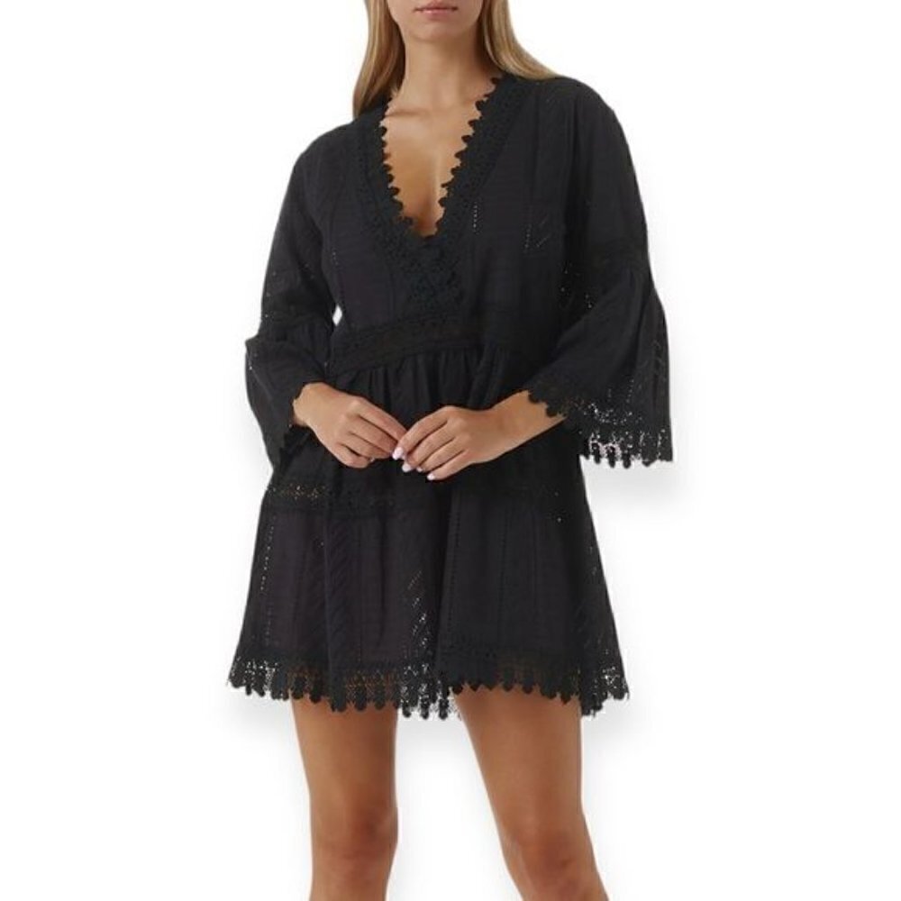 Melissa Odabash Victoria Lace-Trim Babydoll Mini Dress, Black, Size XS